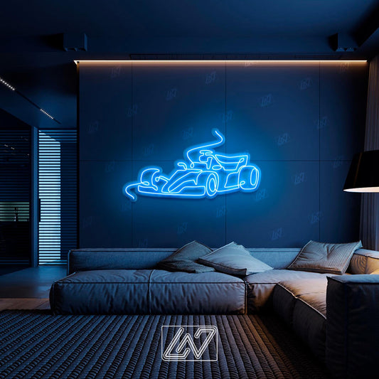 F1 v1 neon sign illuminating a modern living room wall.