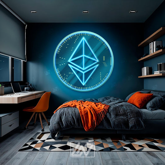 Ethereum v3 neon sign brightening a modern bedroom with stylish decor.