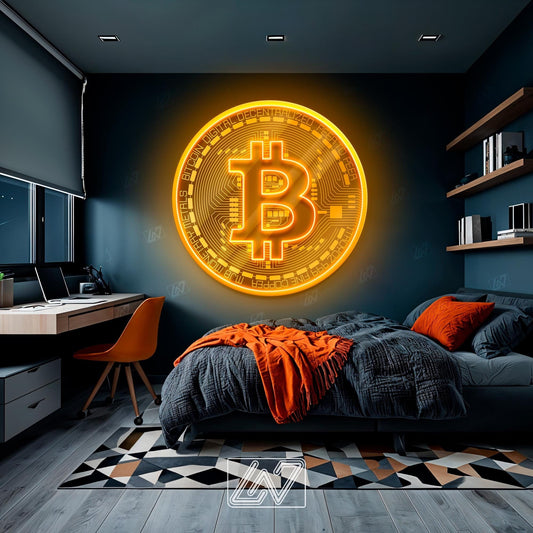 Bitcoin v2 neon sign brightens a stylish bedroom or office space.
