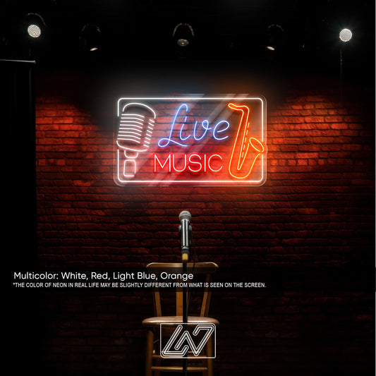 Live Music Neon Sign with Microphone and Saxophone, LED Wall Light for Bars, Music Venues, Jazz Clubs, Stage or Home Studio Decor