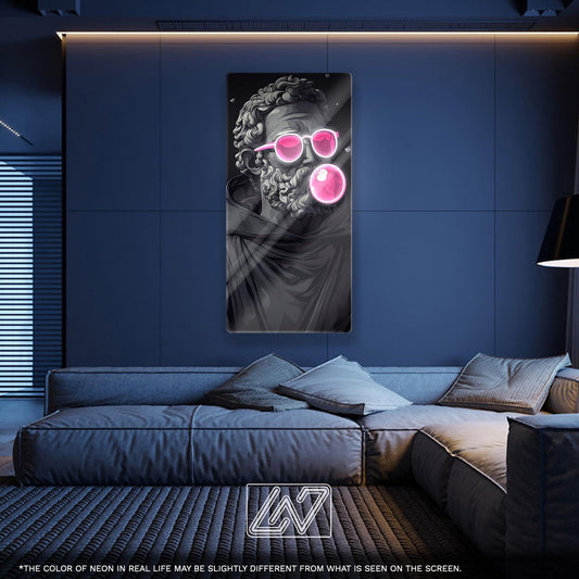 Pop Art Statue LED Neon Sign - Greek Bust with Bubble Gum and Sunglasses, Aesthetic Wall Light for Modern Decor and Creative Spaces