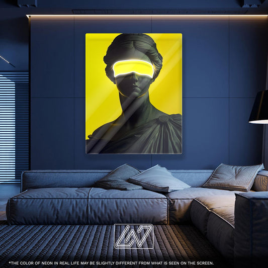 Greek Goddess Neon Sign - Futuristic Bust with Yellow Visor, Bold Modern Wall Art for Home, Studio or Creative Space