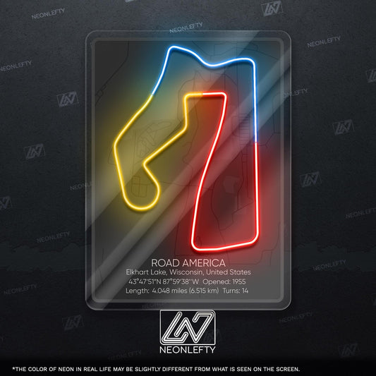 Road America Neon Sign - Classic American race track wall decor for motorsport fans, perfect for garage, man cave, racing-themed room