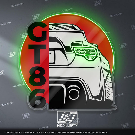 Toyota GT86 Neon Sign - Rear view wall art of iconic JDM coupe, perfect for garage, man cave, tuner setup or drift car enthusiast collection