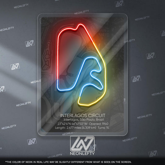 Interlagos Circuit Neon Sign - Iconic Brazilian Formula 1 race track wall art, perfect for garage, man cave, motorsport or racing enthusiast