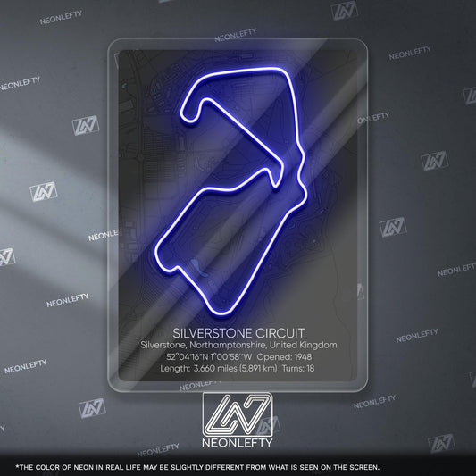 Silverstone Circuit Neon Sign - Historic British Formula 1 track wall art for motorsport fans, perfect for garage, man cave, racing decor