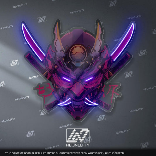 Cyberpunk Oni Mask Neon Sign - Japanese demon wall decor inspired by cyberpunk aesthetics, perfect for gaming room, studio or anime interior