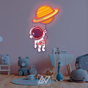 Cute Astronaut Floating with Planet Balloon in Space