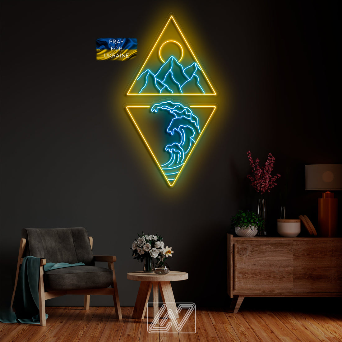 Set &quot;Mountains, Sun and Waves in a Triangle&quot; - LED Neon Sign-mountains-sun-custom neon sign-gift-wall decor-game room-sign wall art