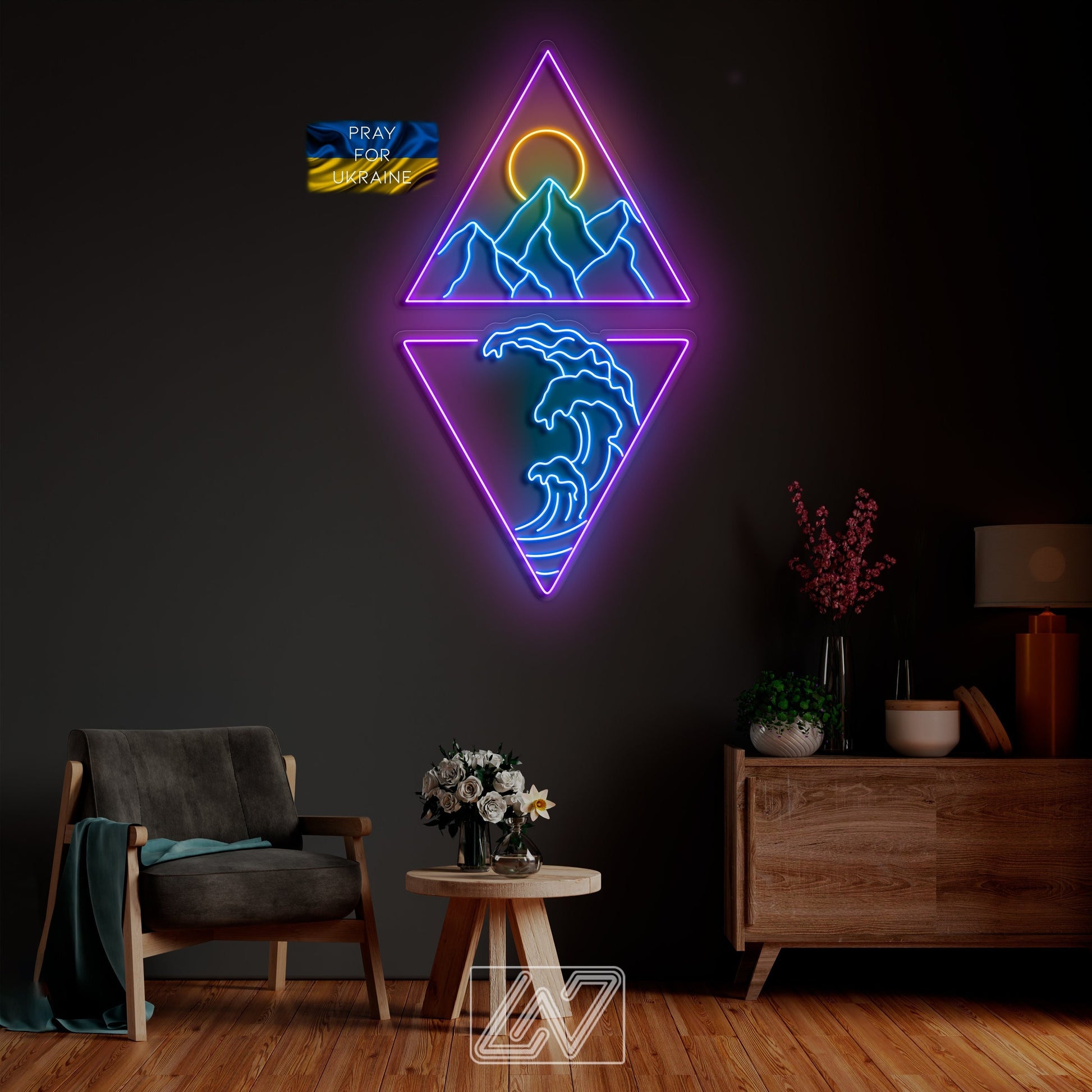 Set &quot;Mountains, Sun and Waves in a Triangle&quot; - LED Neon Sign-mountains-sun-custom neon sign-gift-wall decor-game room-sign wall art