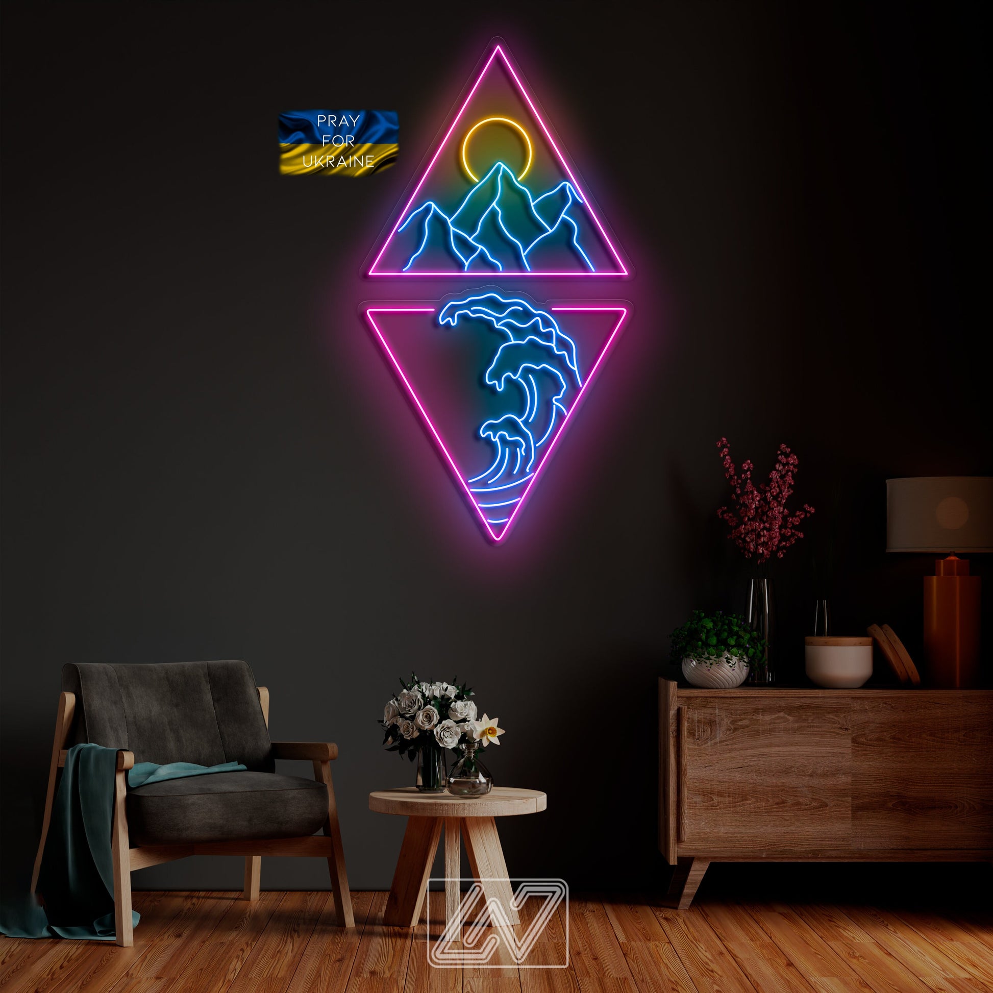 Set &quot;Mountains, Sun and Waves in a Triangle&quot; - LED Neon Sign-mountains-sun-custom neon sign-gift-wall decor-game room-sign wall art