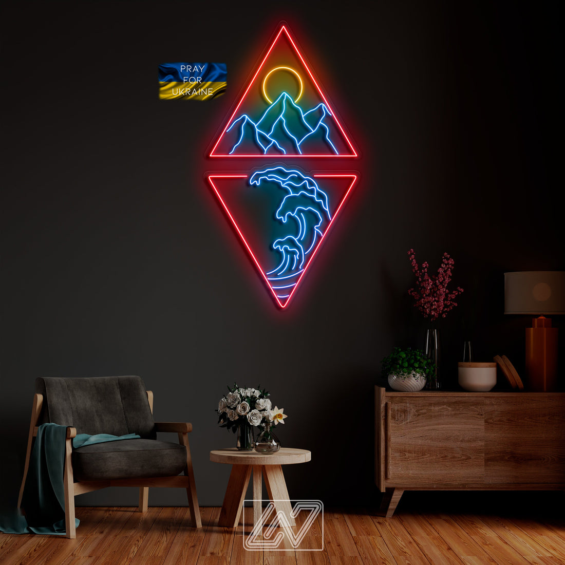 Set &quot;Mountains, Sun and Waves in a Triangle&quot; - LED Neon Sign-mountains-sun-custom neon sign-gift-wall decor-game room-sign wall art