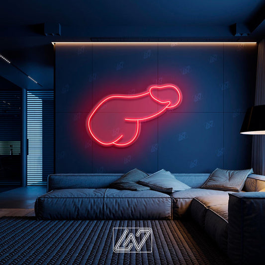 Playful neon penis sign for home decor or as a humorous gift.