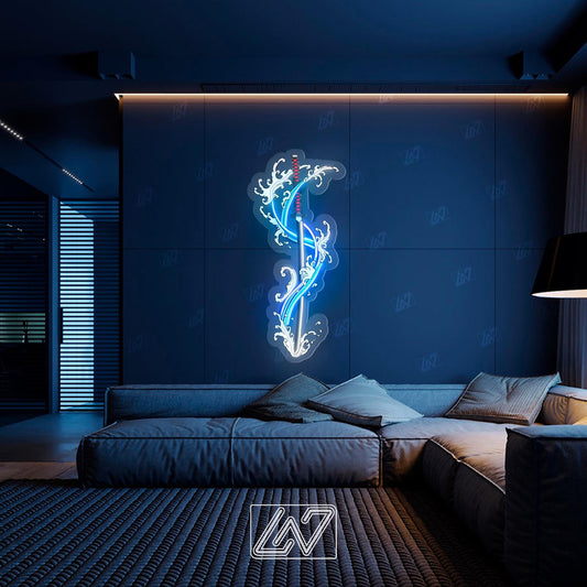 Katana Tanjiro v2 neon sign illuminating a modern living space.