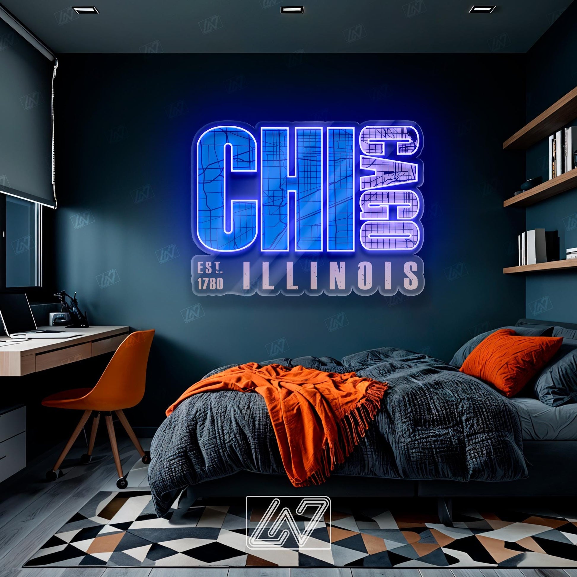 Chicago - LED Neon City Map Sign with UV Print, Illinois Map Led Sign, Chicago City Skyline Neon Sign