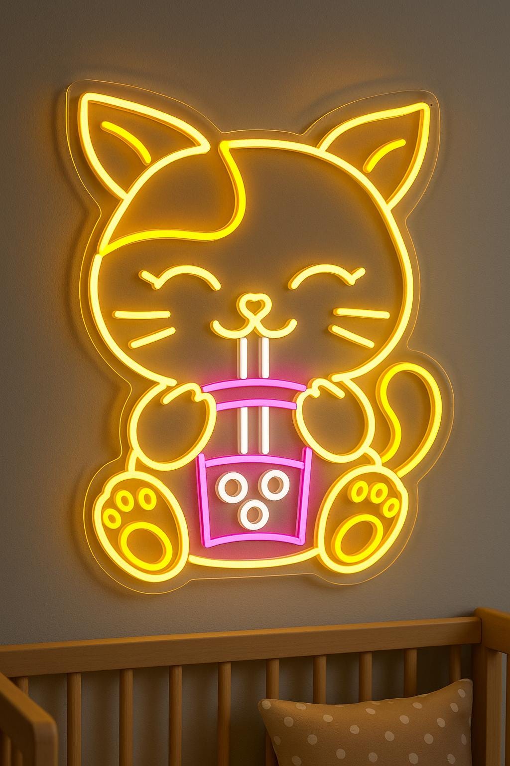 Boba Cat Neon Sign LED Light, Cute Kawaii Cat Drinking Bubble Tea Wall Art, Fun Aesthetic Decor for Café, Bedroom or Game Room