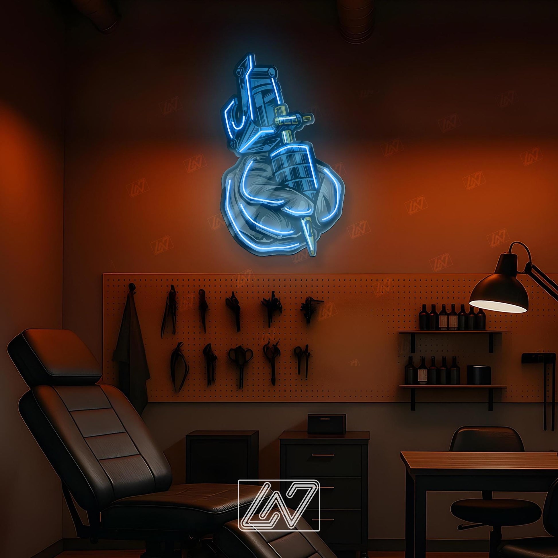 Tattoo Machine LED Neon Sign Wall Art, Bold UV Print Ink Gun Design for Tattoo Studio, Parlor or Artist Workspace Decoration