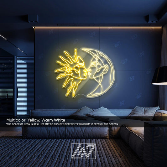 Sun and Moon LED Neon Sign Wall Light, Celestial Line Art Decor for Bedroom, Boho Space or Spiritual Room, Yin Yang Cosmic Love