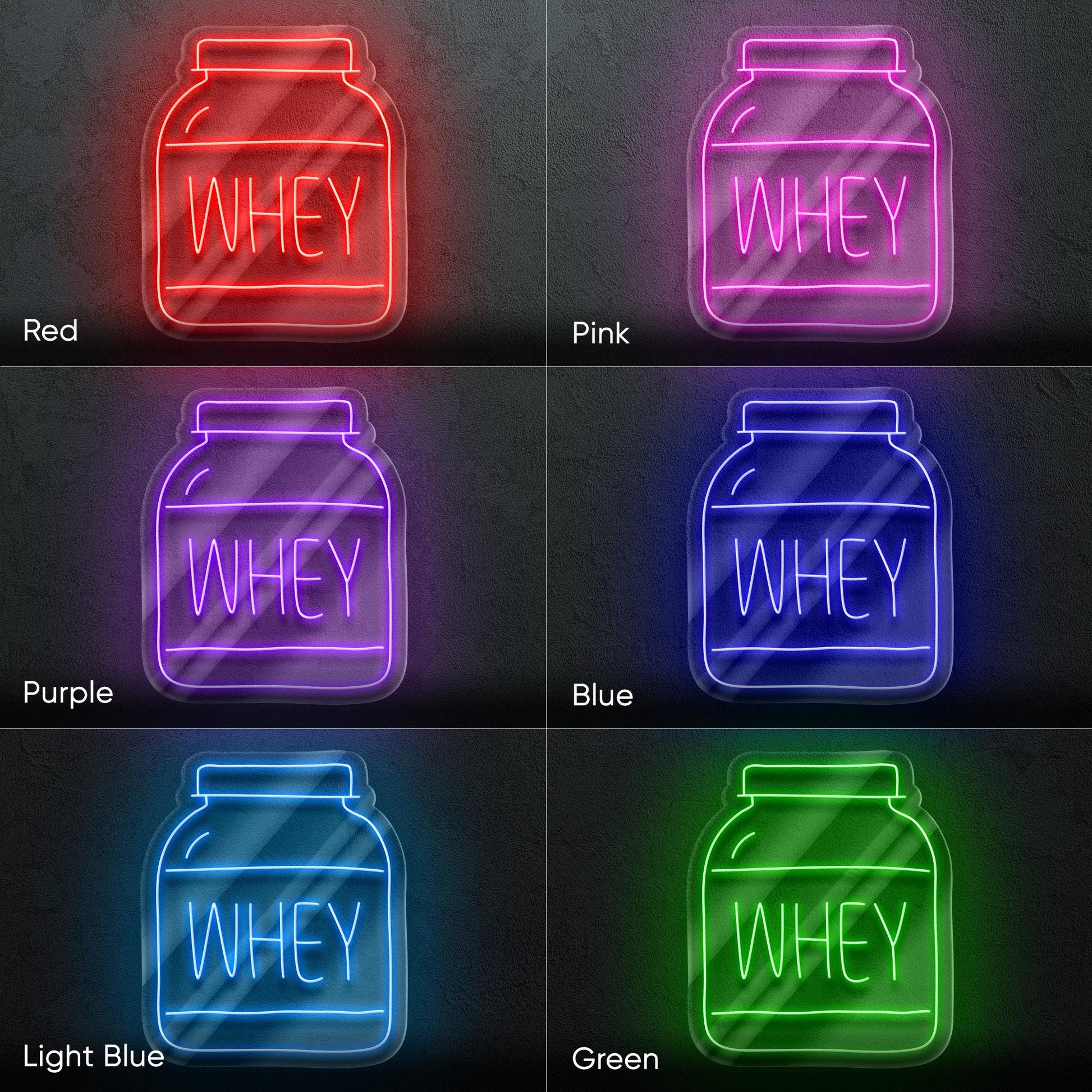 Whey Protein Neon Sign – LED Wall Light for Gym, Fitness Studio or Home Workout Zone, Unique Gift for Bodybuilders and Sport Lovers