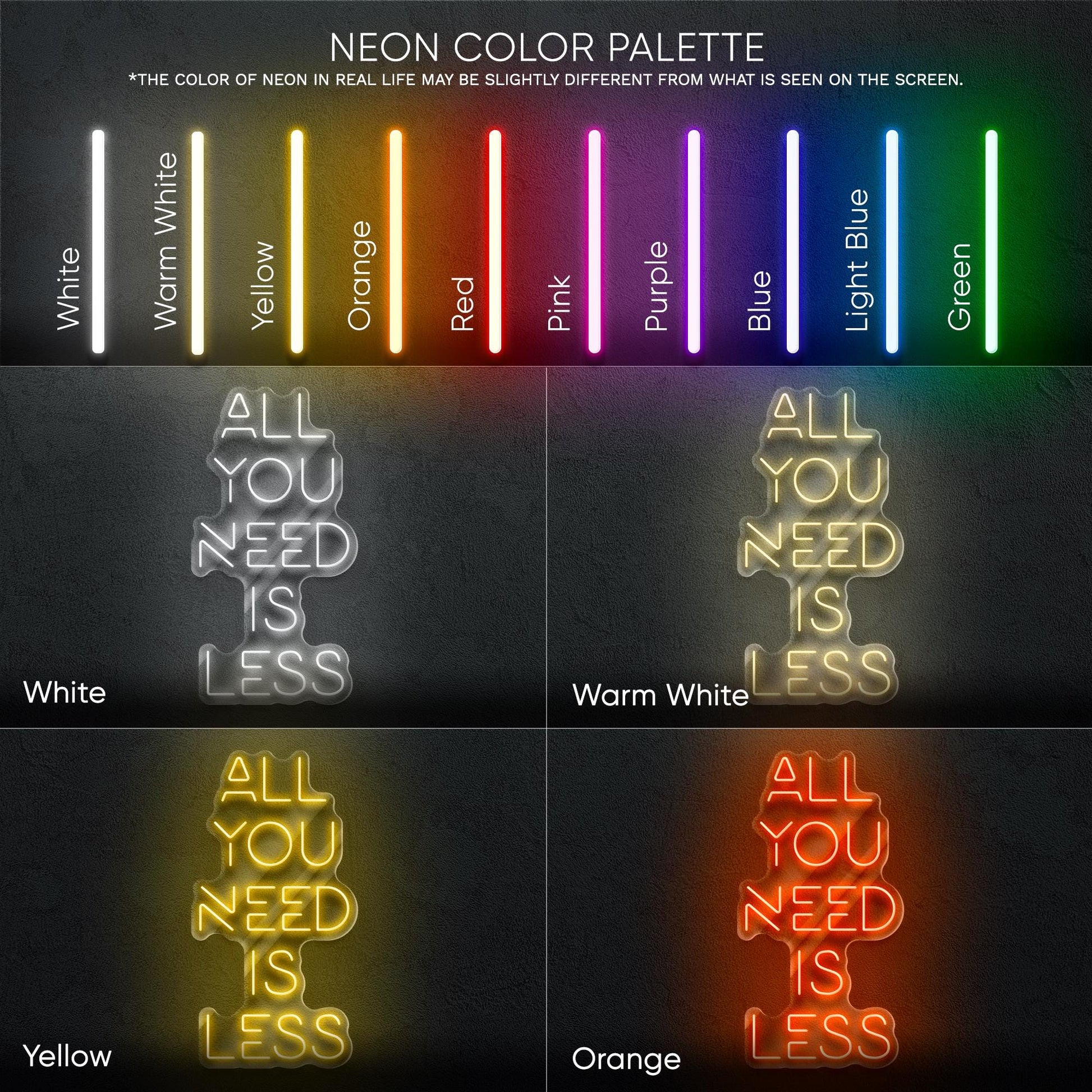 All You Need Is Less – minimalistic LED neon sign for calm spaces, perfect for modern home decor, office, or studio walls