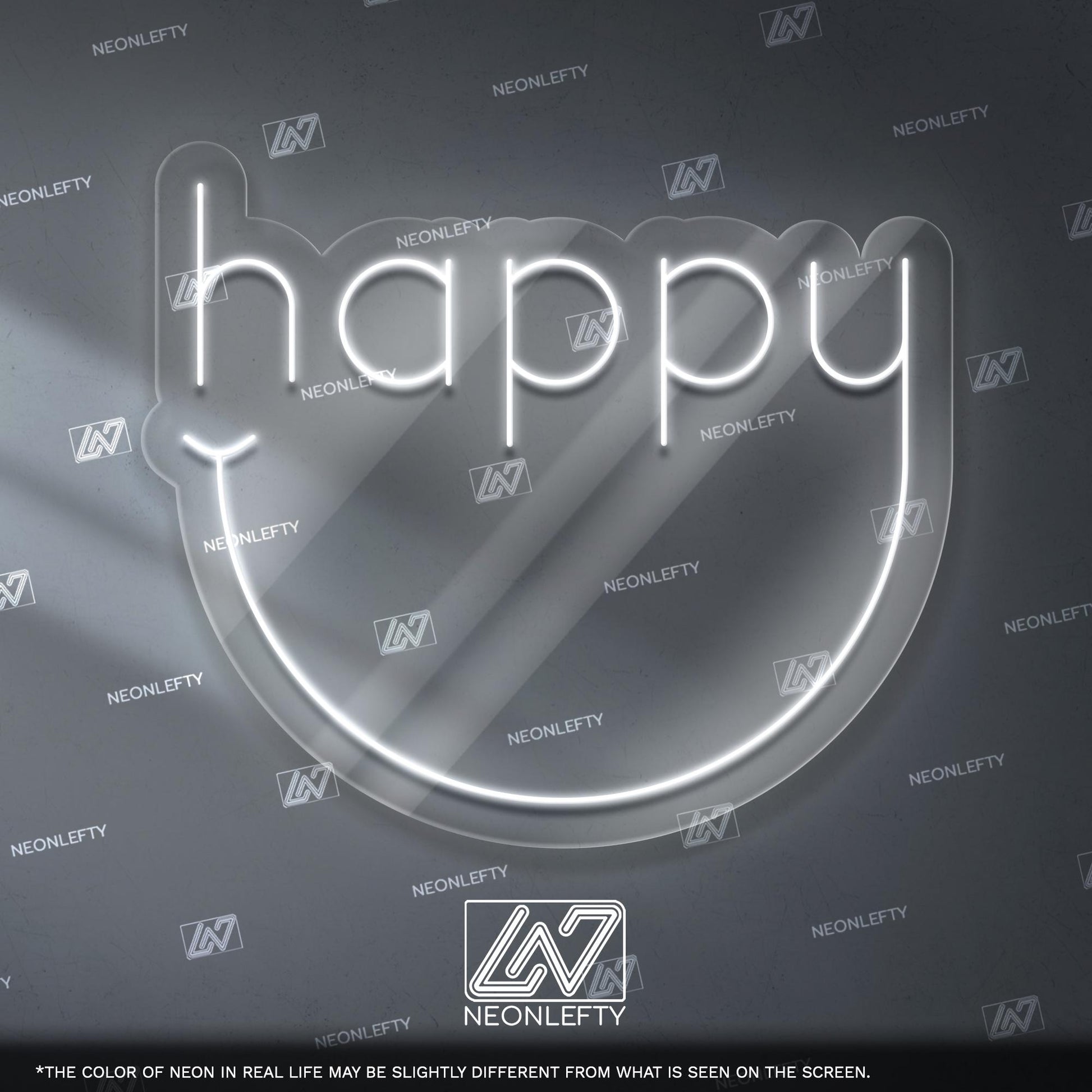 Happy Neon Sign - Cheerful and minimal LED wall decor with a curved smile design, perfect for living rooms, nurseries, studios, cozy spaces