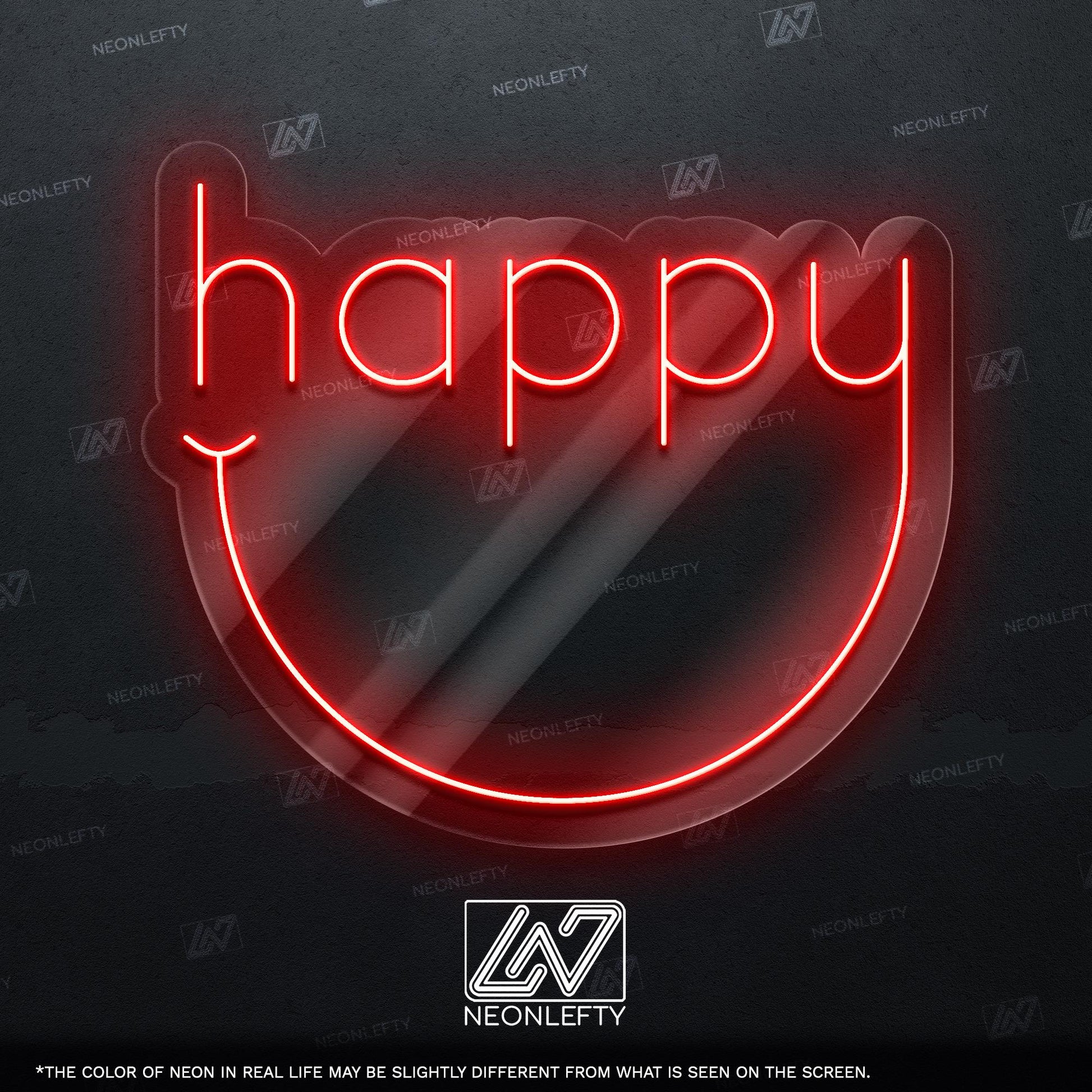 Happy Neon Sign - Cheerful and minimal LED wall decor with a curved smile design, perfect for living rooms, nurseries, studios, cozy spaces