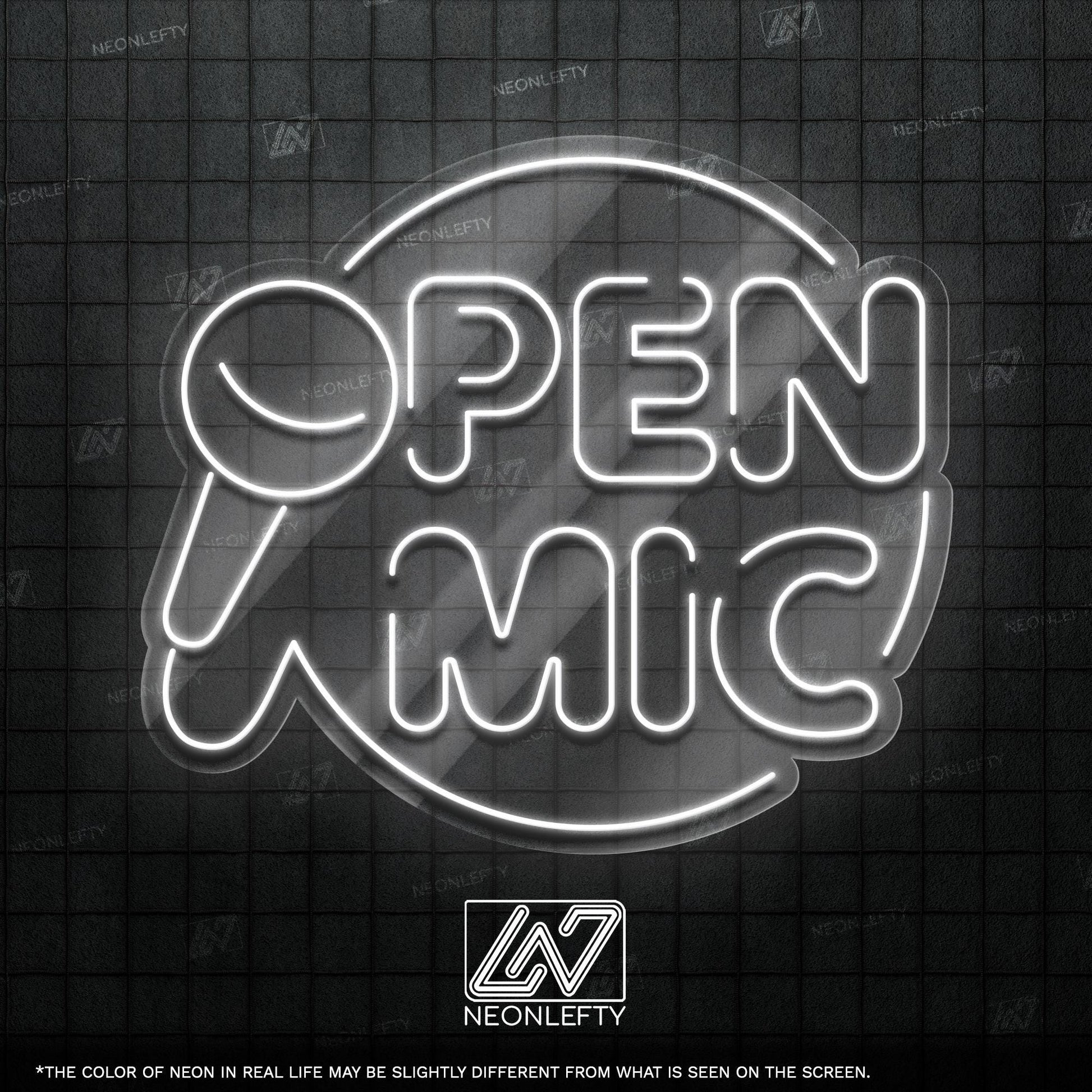 Open Mic Neon Sign - Bold LED wall decor with microphone design, perfect for bars, music venues, home studios, comedy nights or stage areas