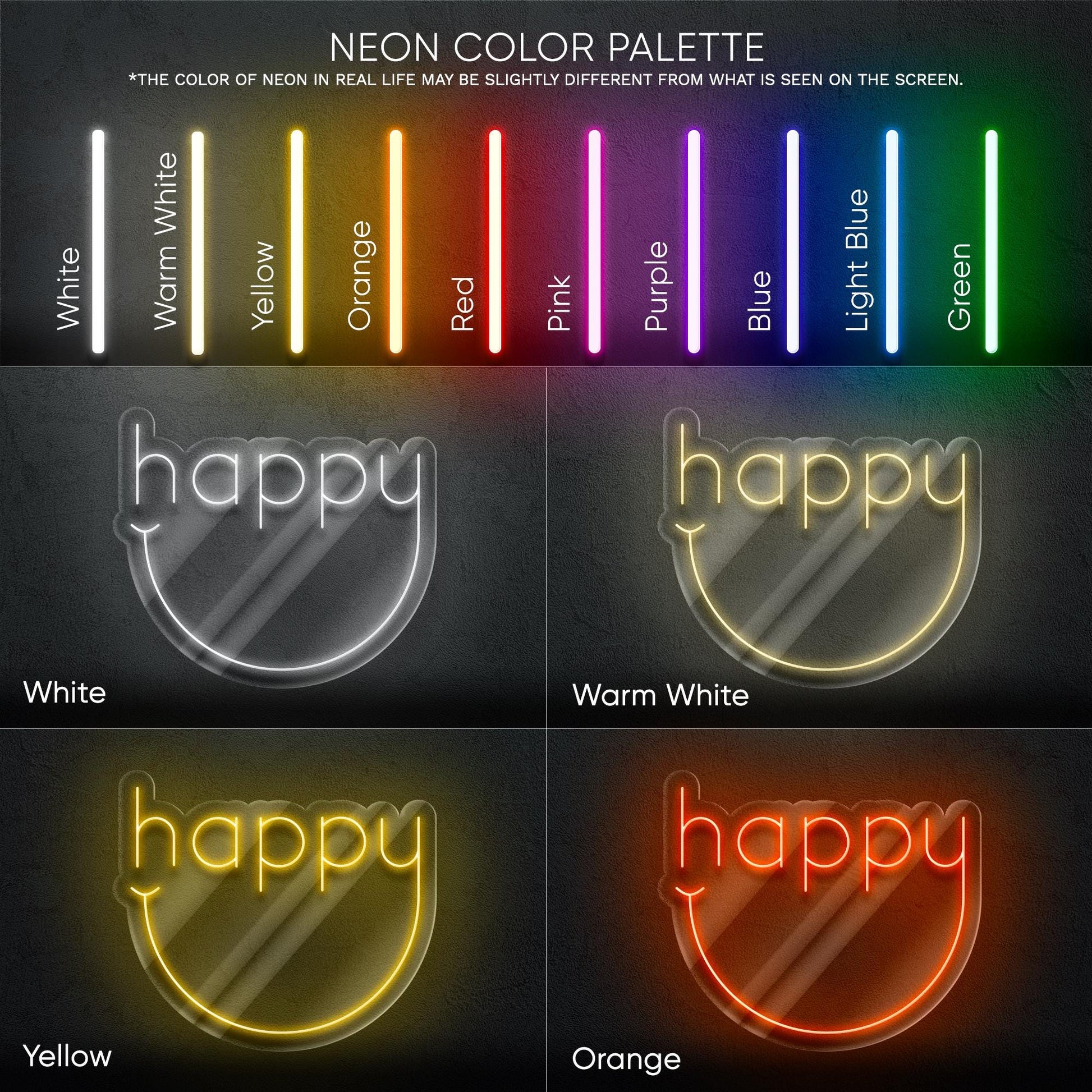 Happy Neon Sign - Cheerful and minimal LED wall decor with a curved smile design, perfect for living rooms, nurseries, studios, cozy spaces