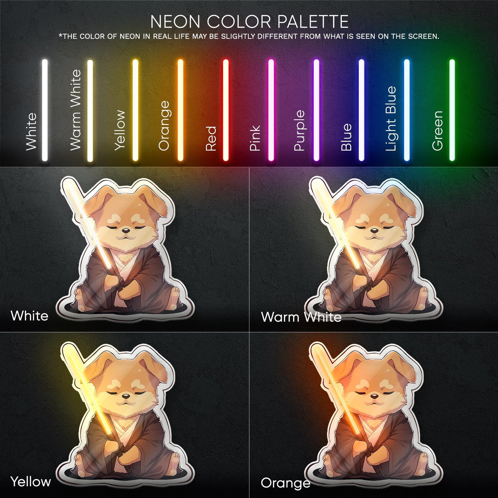 Cute Dog Neon Sign - Fun and unique LED wall decor with a meditating dog holding a lightsaber, perfect for nerdy rooms, gaming setups
