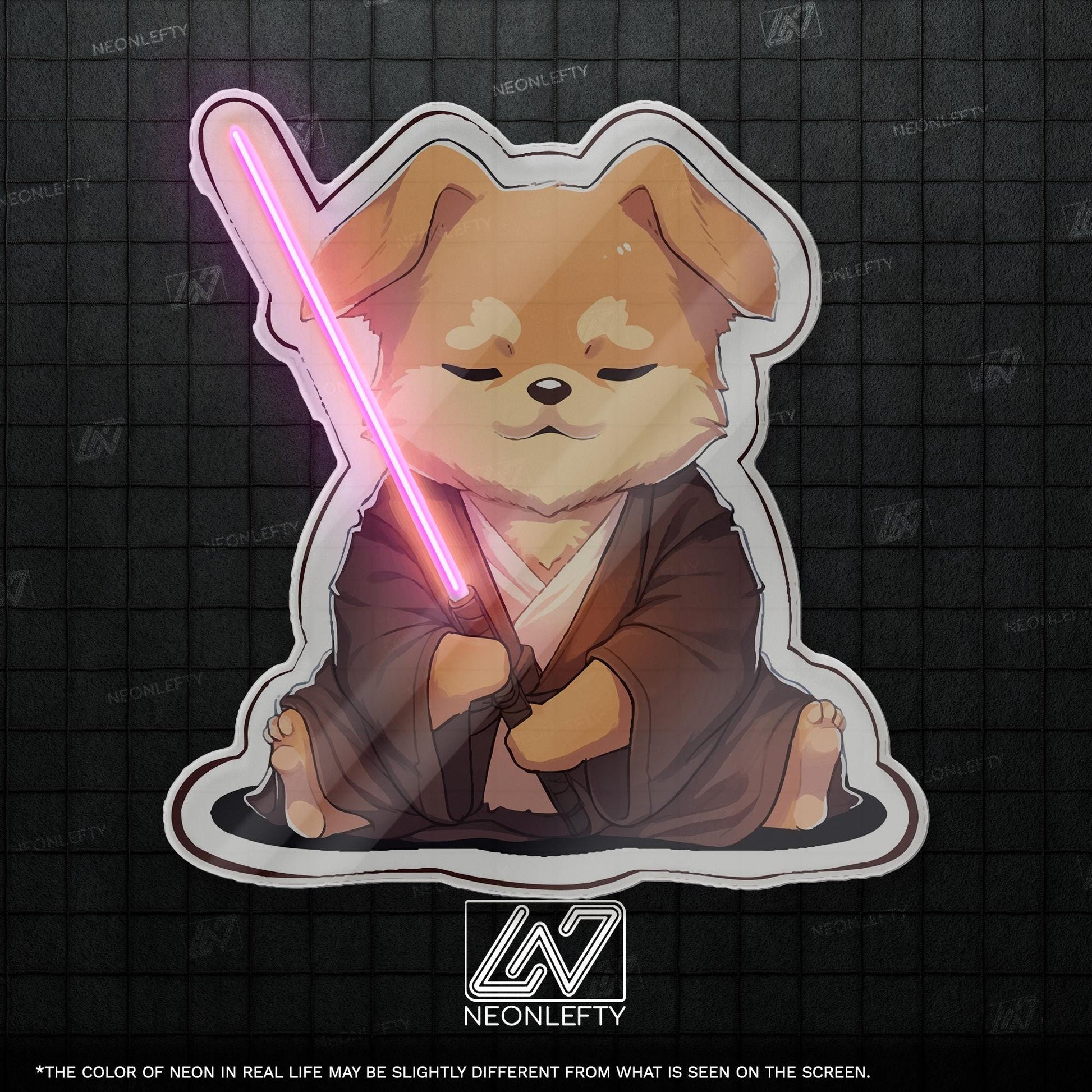 Cute Dog Neon Sign - Fun and unique LED wall decor with a meditating dog holding a lightsaber, perfect for nerdy rooms, gaming setups