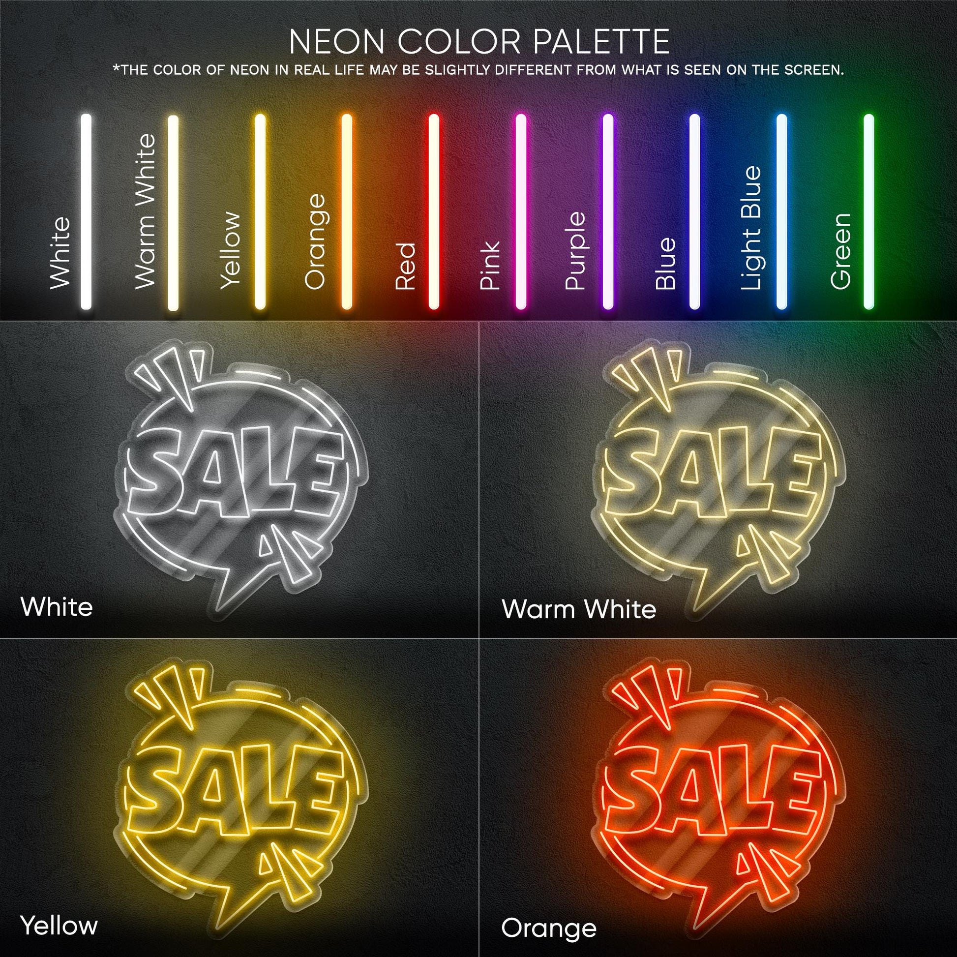 Sale Neon Sign - Bold and attention-grabbing neon sign in comic style, perfect for shops, boutiques, markets, pop-up stores, event displays
