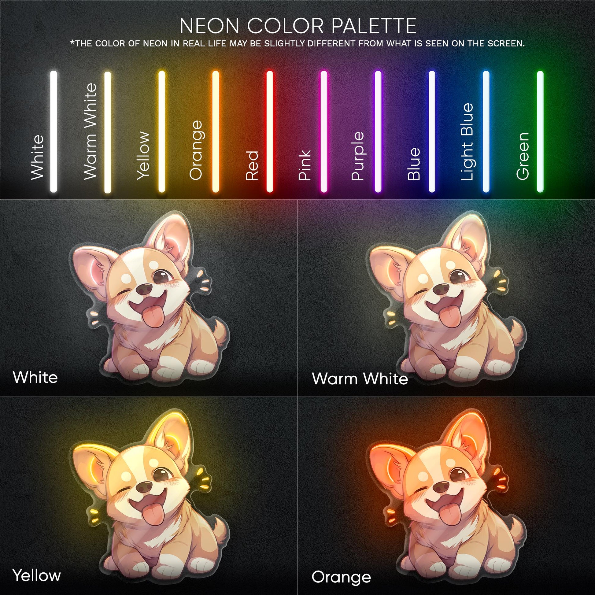 Corgi Neon Sign - Adorable LED wall decor featuring a happy cartoon-style corgi, perfect for pet lovers, kids rooms, vet clinics interiors