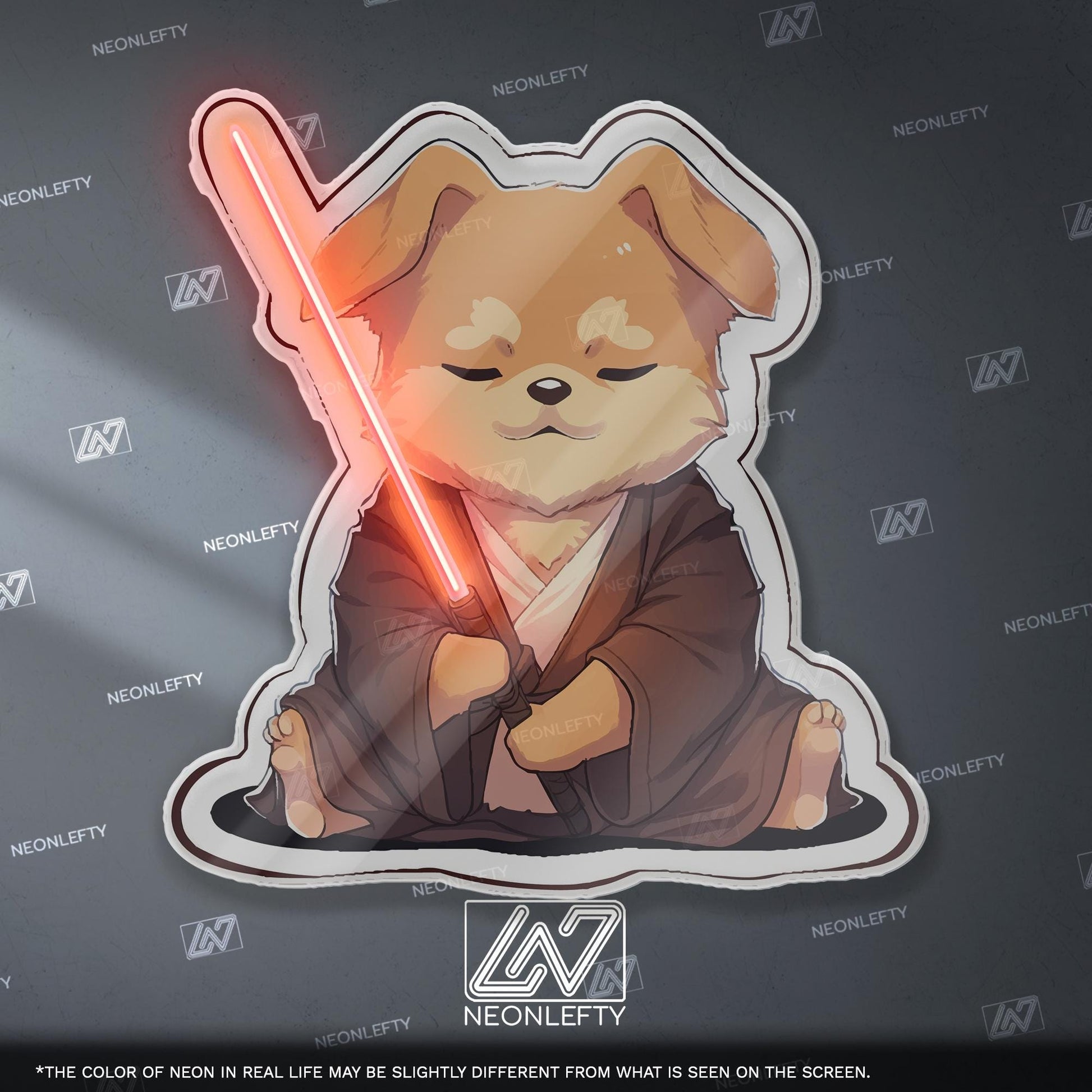 Cute Dog Neon Sign - Fun and unique LED wall decor with a meditating dog holding a lightsaber, perfect for nerdy rooms, gaming setups