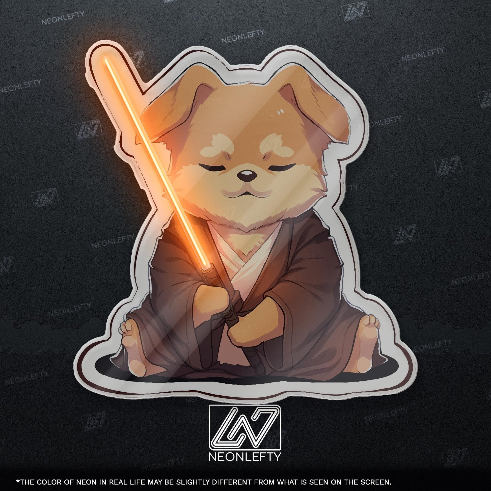 Cute Dog Neon Sign - Fun and unique LED wall decor with a meditating dog holding a lightsaber, perfect for nerdy rooms, gaming setups
