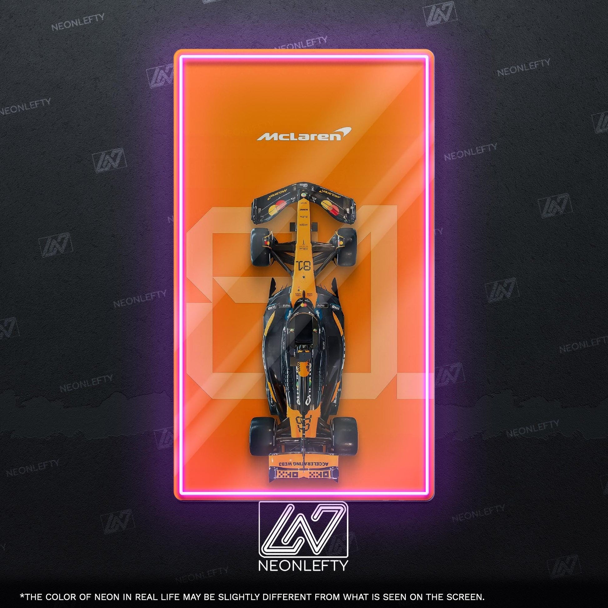 F1 McLaren Car - LED neon sign with top view race car design perfect for motorsport lovers, man caves, game rooms or Formula 1 themed decor