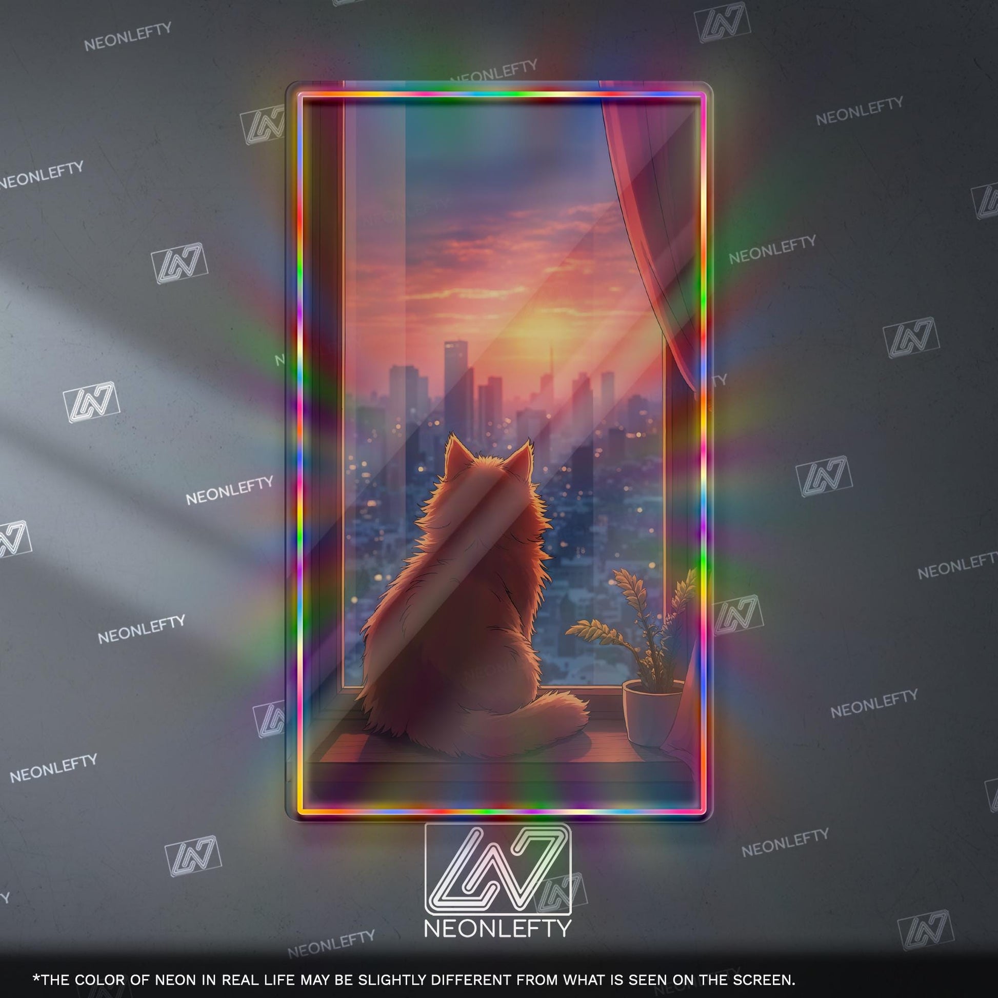 Cat Sunset Neon Sign - Cozy aesthetic cat wall decor with city view and sunset vibes, perfect for bedroom, living room, office