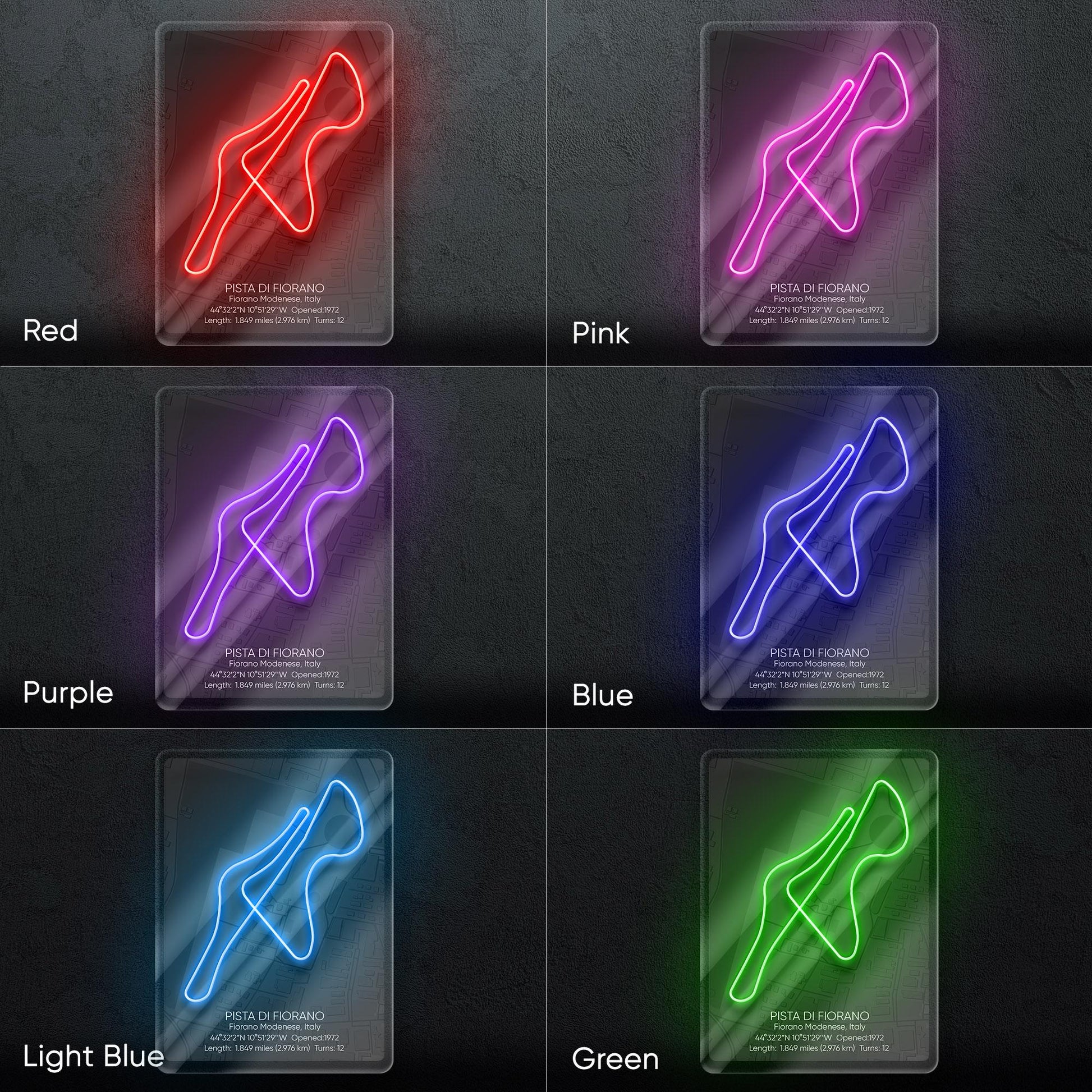 Fiorano Circuit Neon Sign - Iconic Ferrari test track wall art from Italy, perfect for garage, man cave, motorsport room, racing enthusiast