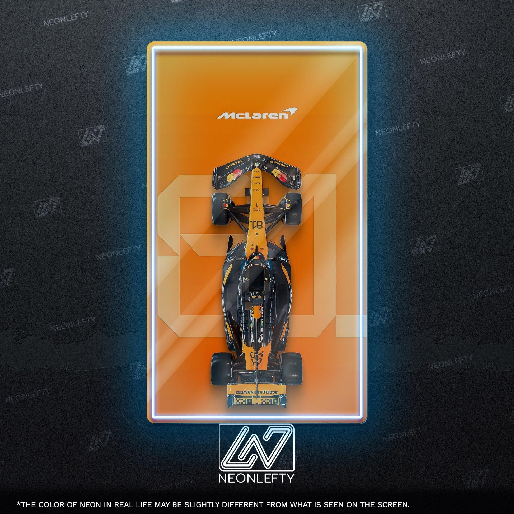 F1 McLaren Car - LED neon sign with top view race car design perfect for motorsport lovers, man caves, game rooms or Formula 1 themed decor