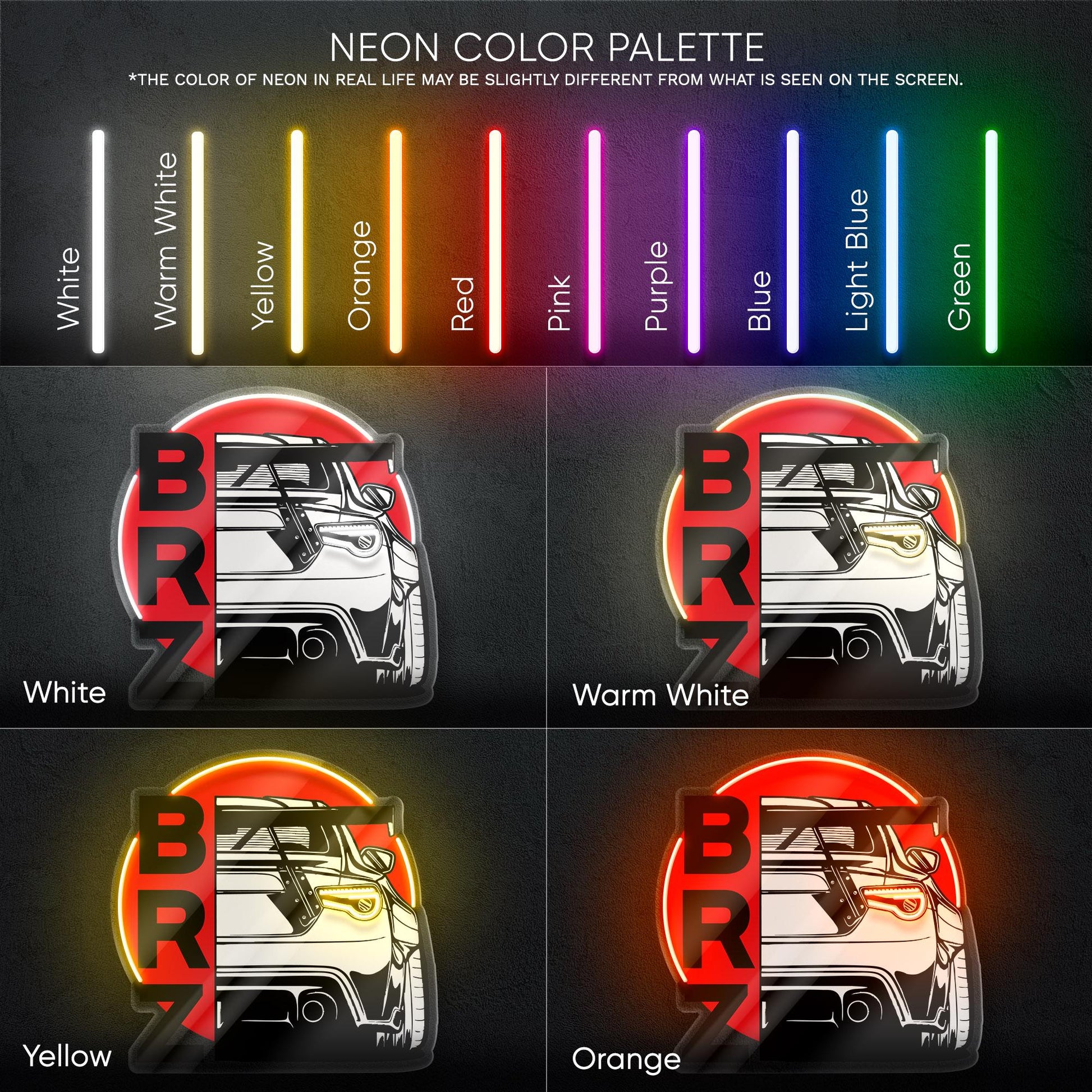 Subaru BRZ Neon Sign - JDM-inspired wall art featuring the iconic BRZ rear view, perfect for garage, man cave, car studio, tuner enthusiast