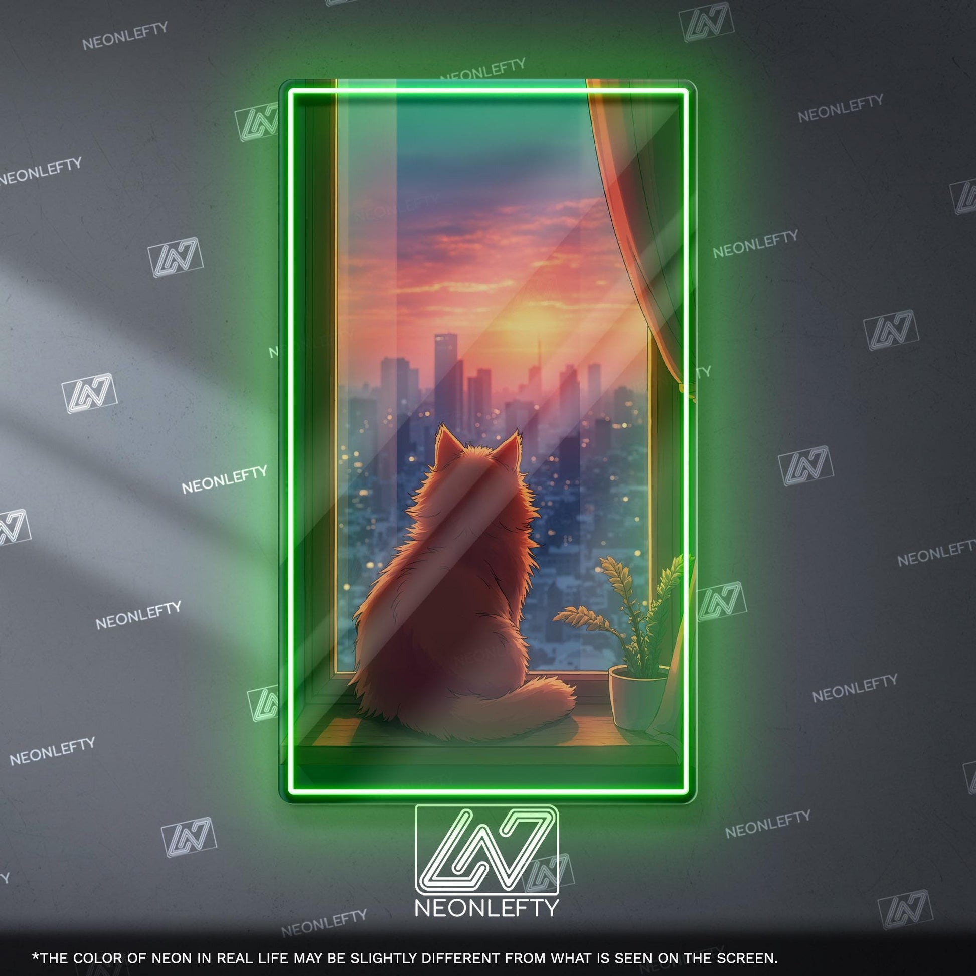 Cat Sunset Neon Sign - Cozy aesthetic cat wall decor with city view and sunset vibes, perfect for bedroom, living room, office