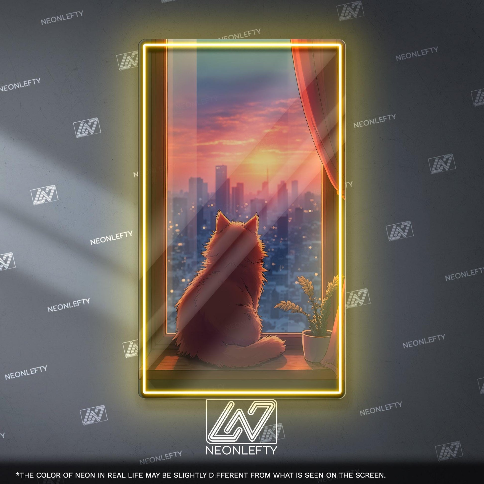 Cat Sunset Neon Sign - Cozy aesthetic cat wall decor with city view and sunset vibes, perfect for bedroom, living room, office