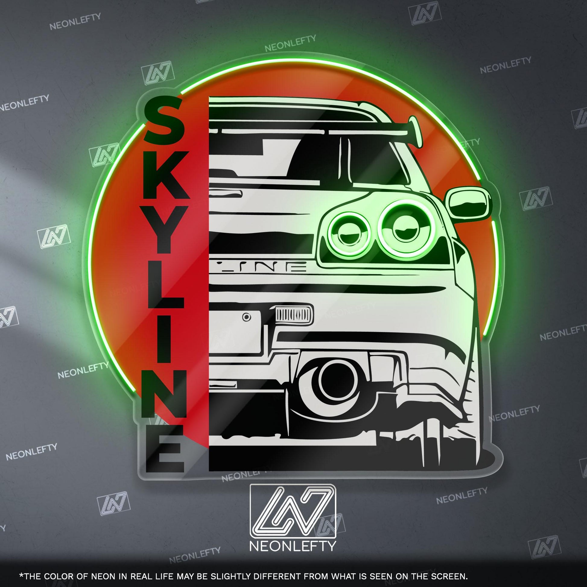 Nissan Skyline Neon Sign - Rear view wall art of legendary JDM icon R34, perfect for garage, man cave, tuner setup, street racing enthusiast