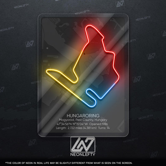 Hungaroring Neon Sign - Legendary Hungarian Formula 1 circuit art for racing fans, perfect for garage, man cave, office or motorsport room