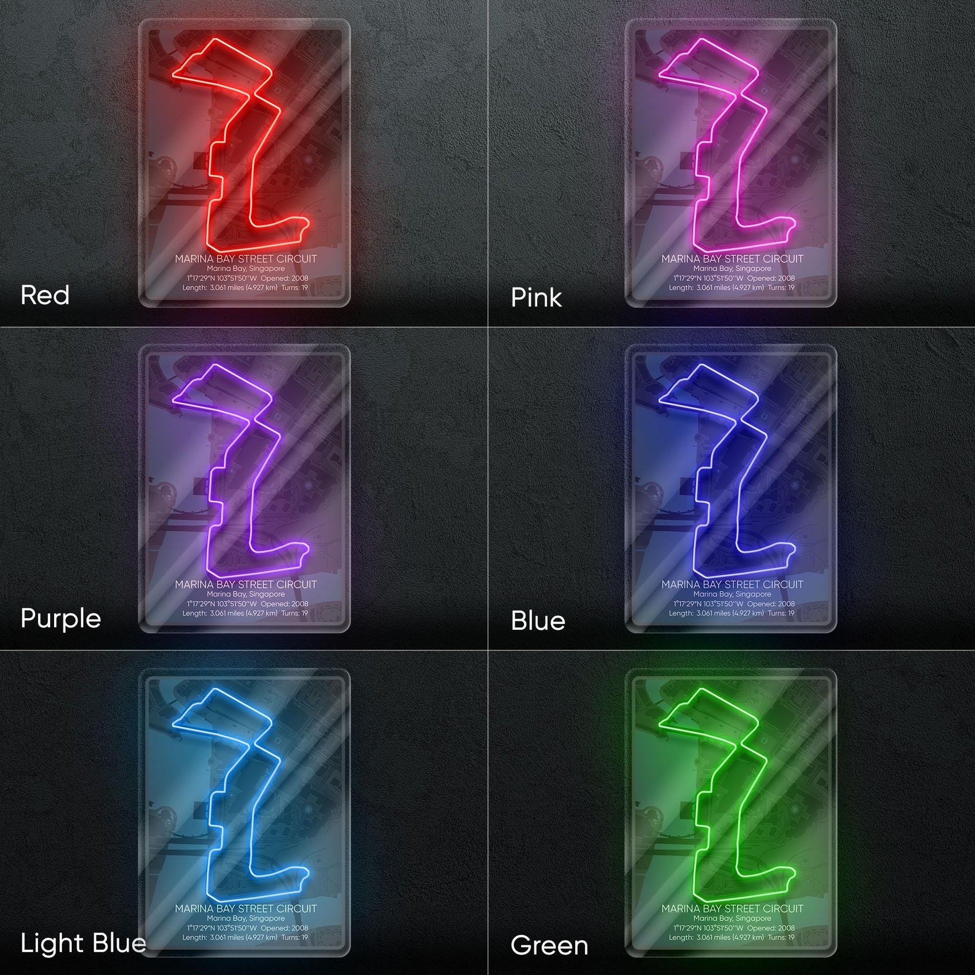 Singapore Circuit Neon Sign - Iconic Formula 1 race track wall art, perfect for motorsport lovers, garage, man cave, racing-themed interior