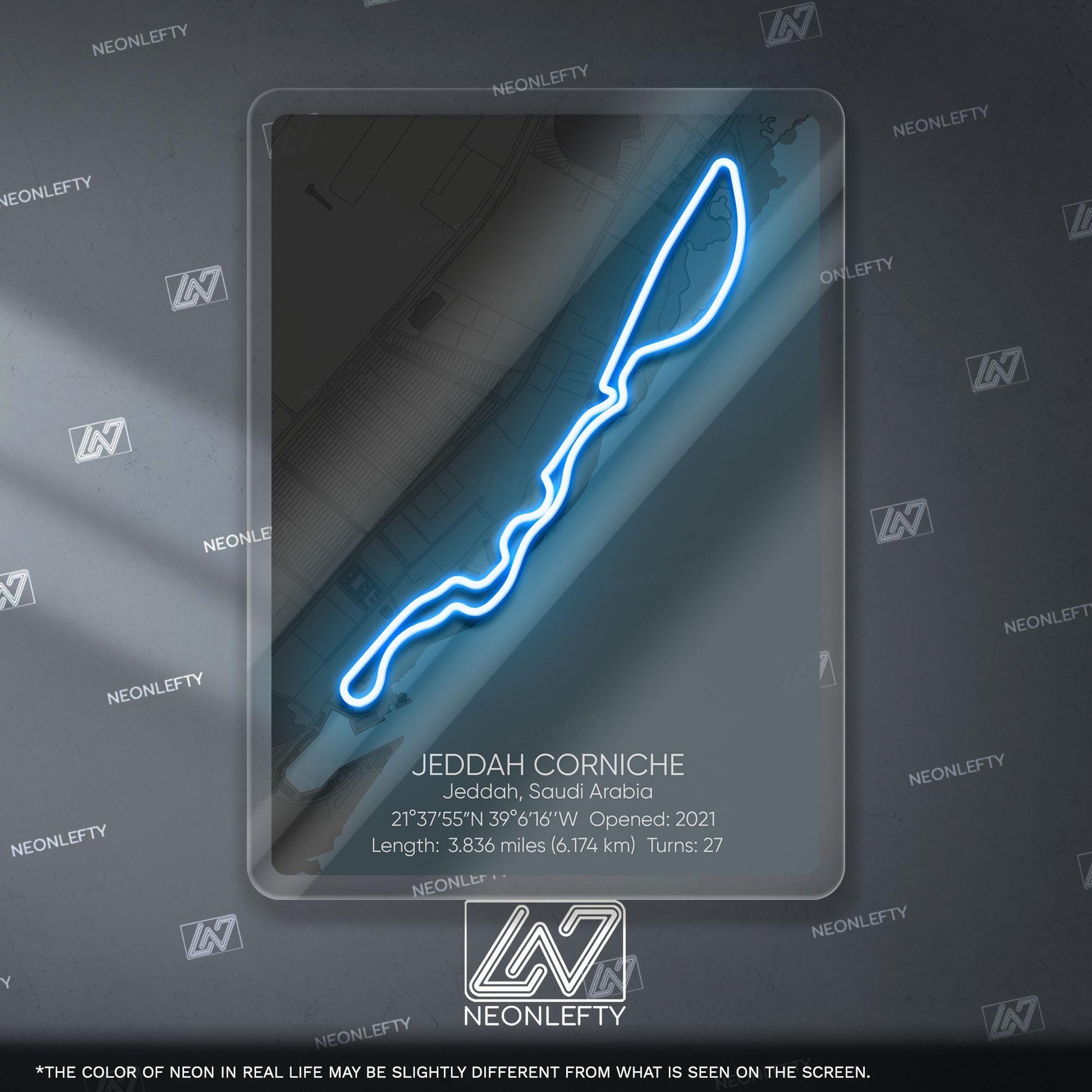 Jeddah Circuit Neon Sign - Modern Formula 1 street circuit wall art inspired by the Saudi Arabian Grand Prix, perfect for garage, race fan