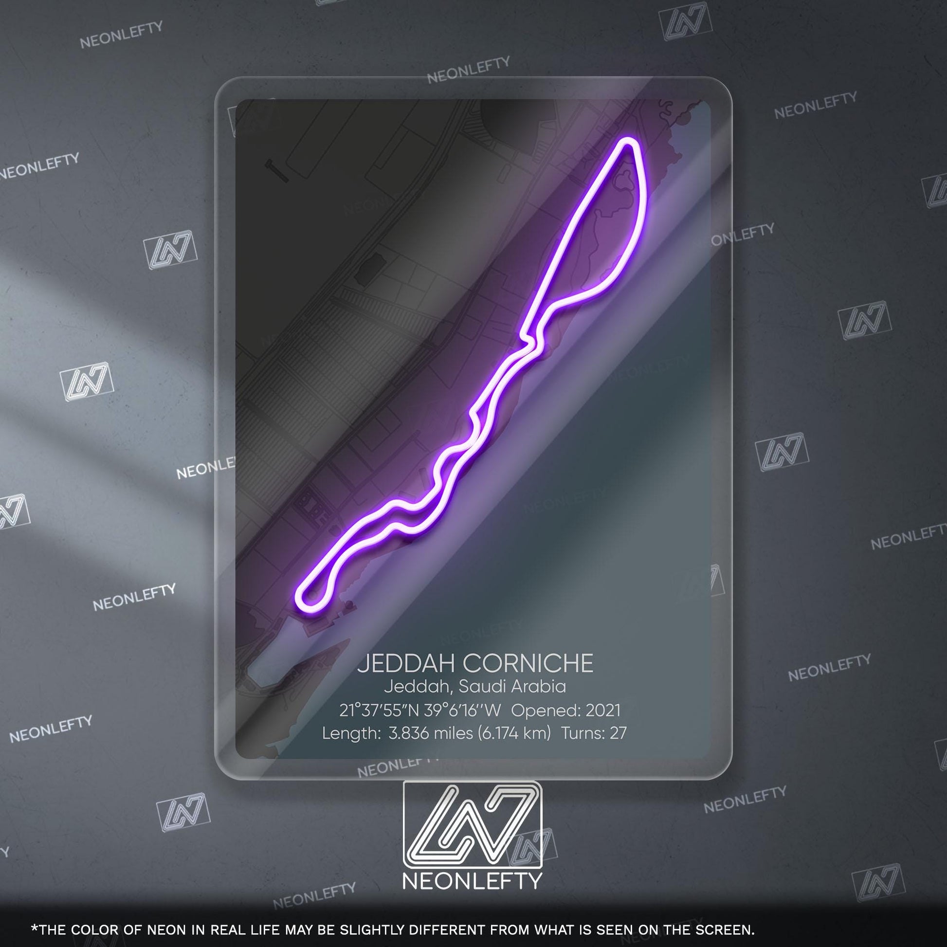 Jeddah Circuit Neon Sign - Modern Formula 1 street circuit wall art inspired by the Saudi Arabian Grand Prix, perfect for garage, race fan