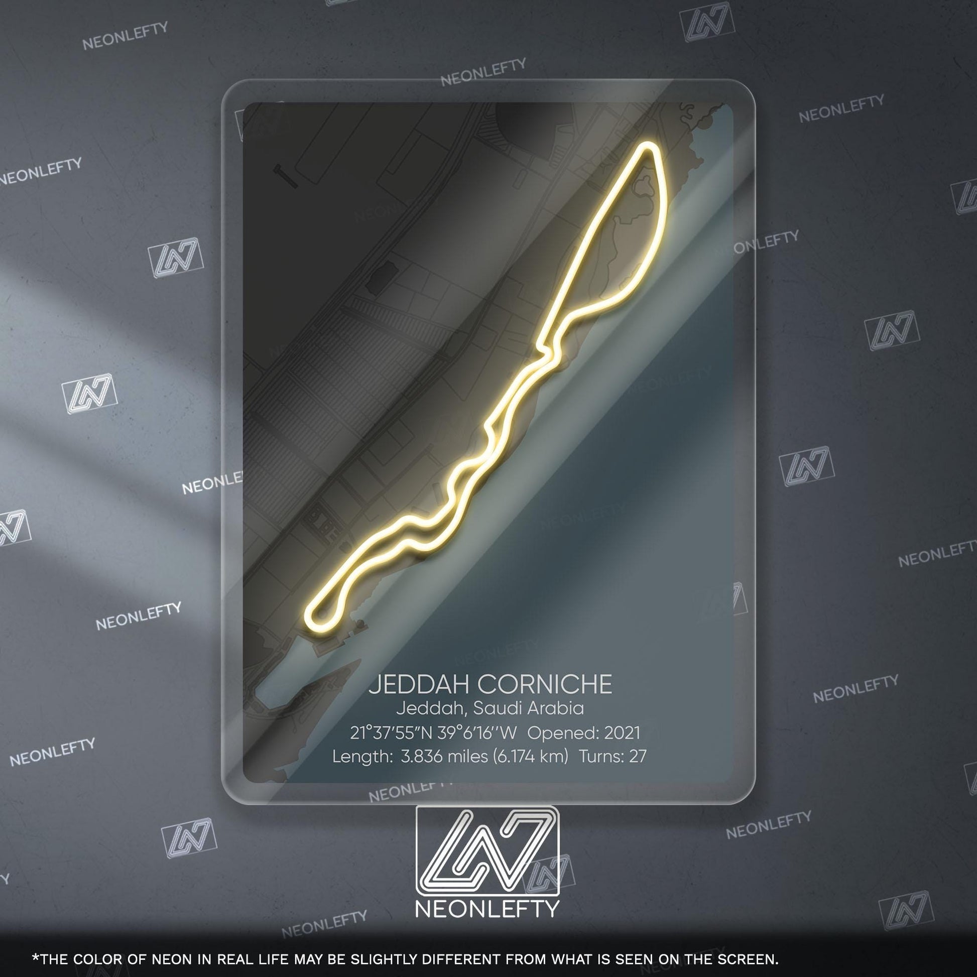 Jeddah Circuit Neon Sign - Modern Formula 1 street circuit wall art inspired by the Saudi Arabian Grand Prix, perfect for garage, race fan