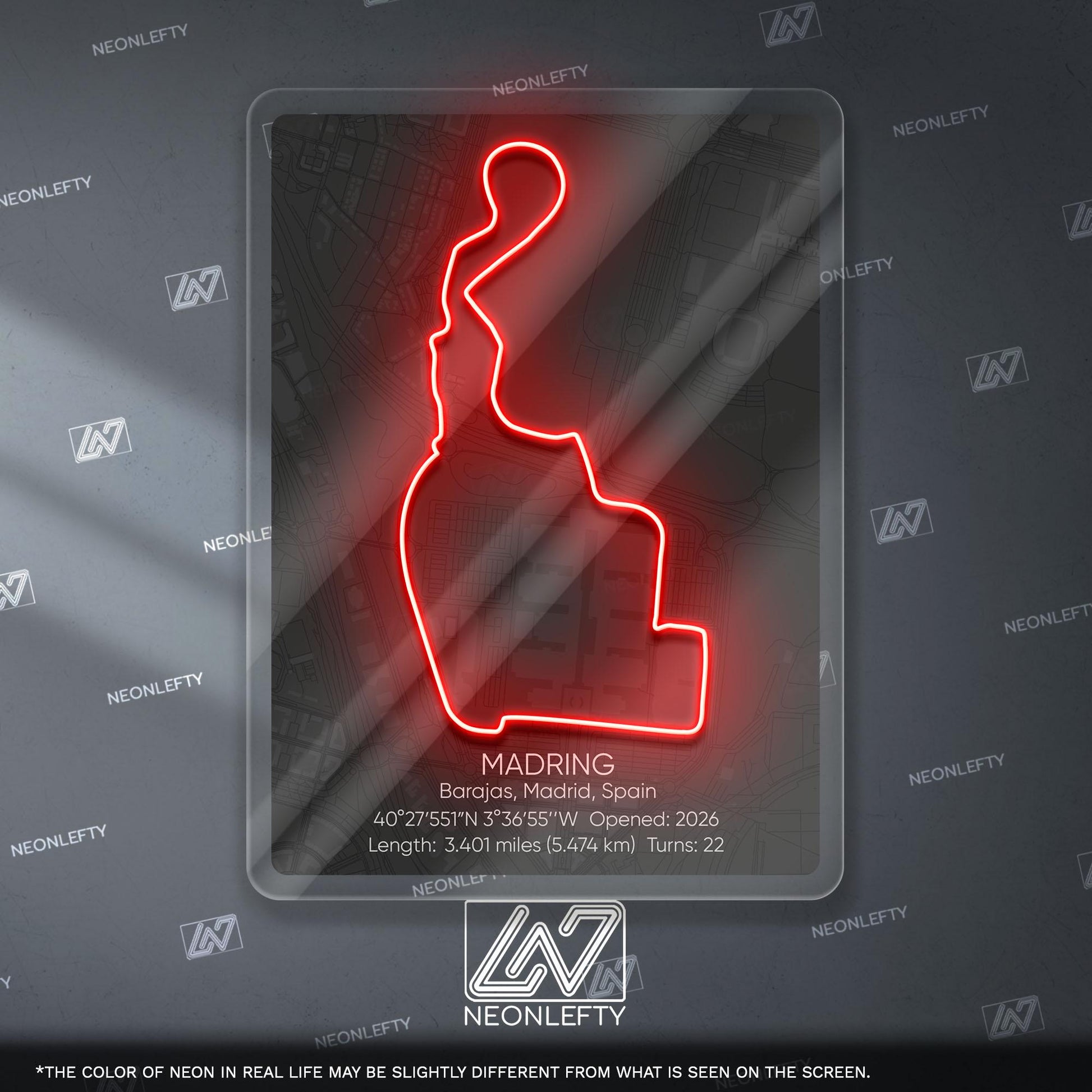Madring Circuit Neon Sign - Modern racing track wall art inspired by Circuito de Madring, perfect for garage, man cave, motorsport room