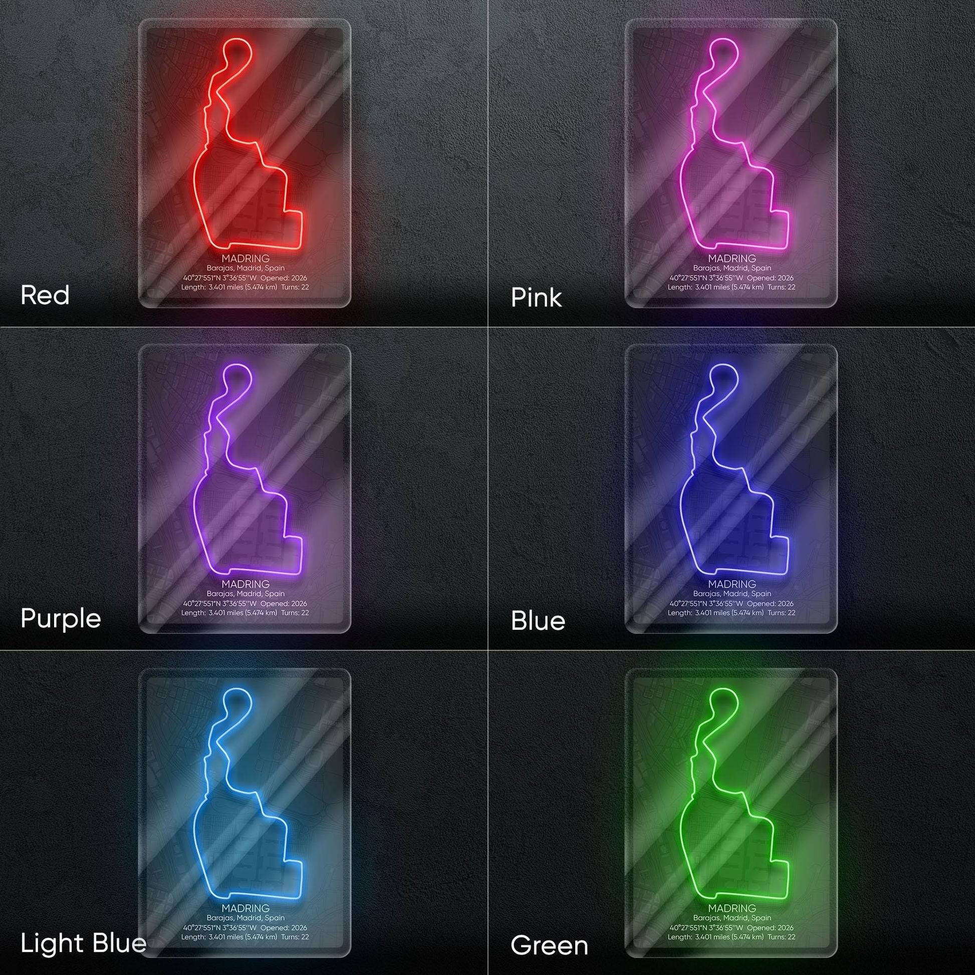 Madring Circuit Neon Sign - Modern racing track wall art inspired by Circuito de Madring, perfect for garage, man cave, motorsport room