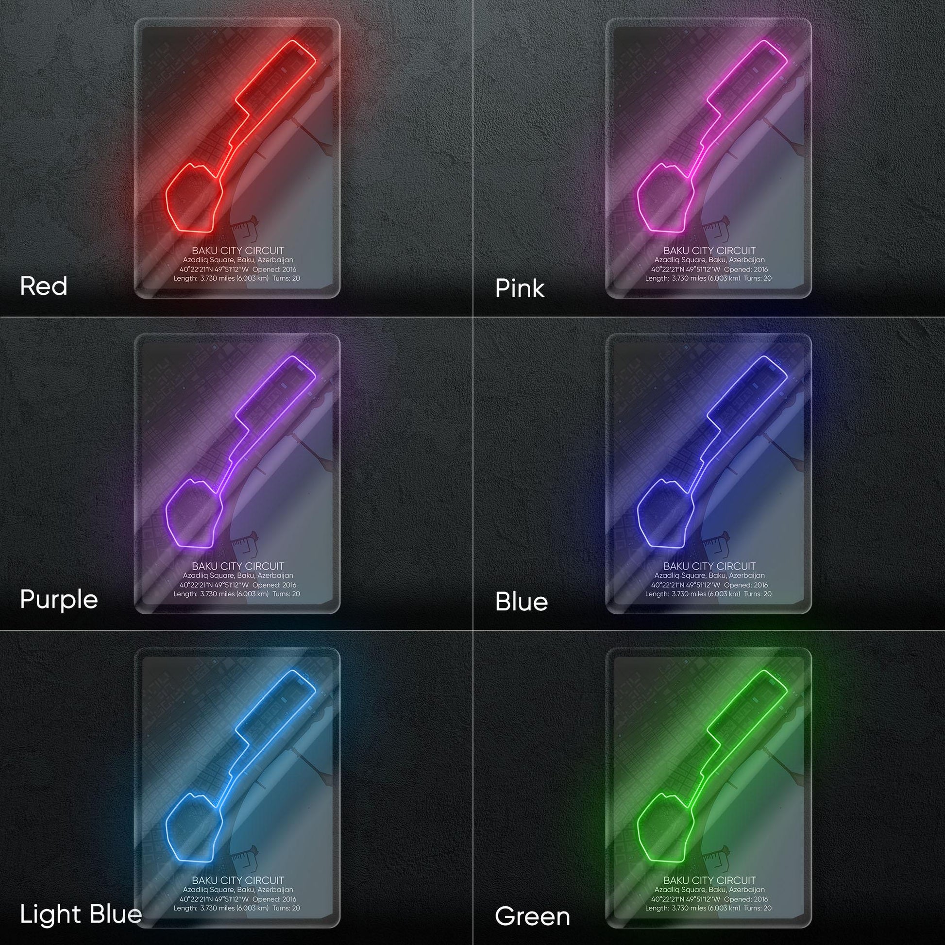 Baku Circuit Neon Sign - Iconic Formula 1 street track wall art inspired by the Azerbaijan Grand Prix, perfect for garage, racing decor